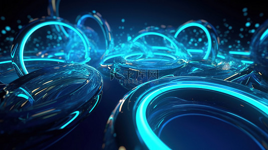 抽象圆圈背景中闪闪发光的蓝色曲线的 3d 插图