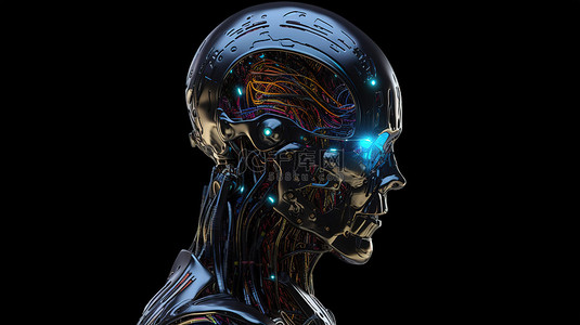 科幻机器背景图片_人工智能机器人头与全息大脑 3d 插图
