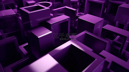 悬浮在半空中的时尚紫色几何图形的单色 3D 渲染