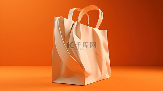 充满活力的橙色背景上的白色购物袋 3d 渲染图像