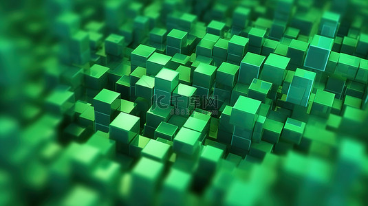 3D 渲染中的绿色游戏背景抽象 3D 方形像素模板