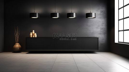 现代宽敞房间中的时尚橱柜配有黑色墙壁和花岗岩地板 3D 渲染