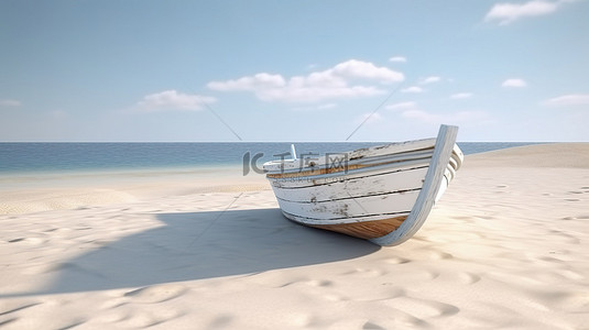 停泊在沙滩上的白色木船的顶级 3D 设计