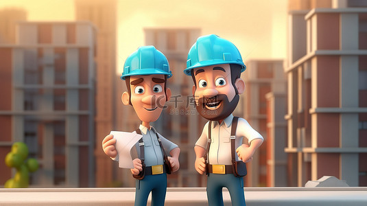 施工建筑工人背景图片_卡通风格 3D 插图显示建筑商和客户讨论工作计划和公寓验收