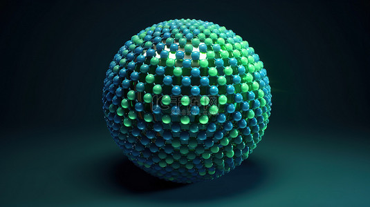 由无数圆圈组成的未来派绿色和蓝色球体的抽象 3D 渲染