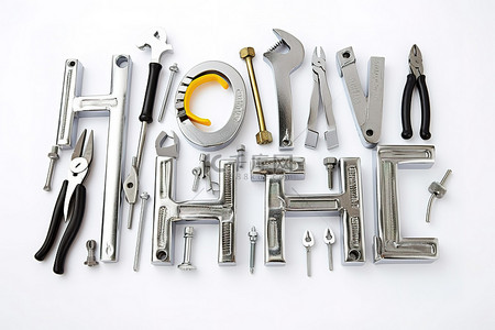一组工具工具和一封拼出帮助的字母