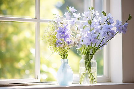 蓝色的花朵背景图片_一扇窗户，上面有蓝色的花朵