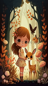 森林女孩与麋鹿背景