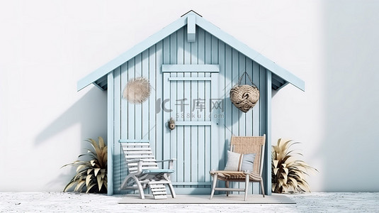 迷人的蓝色木板墙小房子正面 3D 渲染，装饰着白色背景的藤椅
