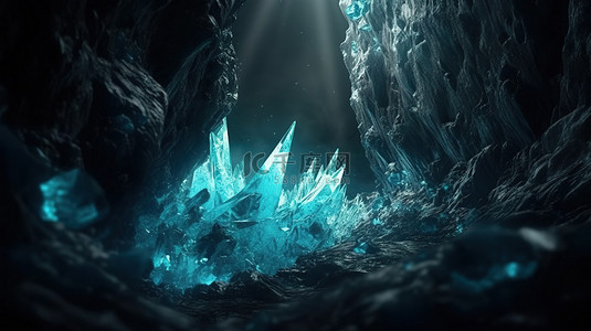 闪闪发光的水晶在这个 3D 渲染的蓝色神秘洞穴中唤起了冒险的感觉