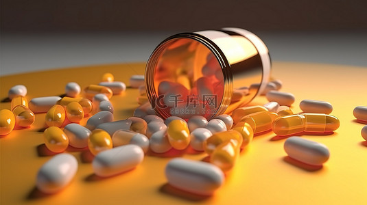 补充瓶背景图片_医疗片剂和瓶子的 3D 渲染插图