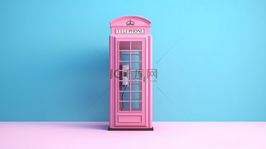 伦敦风格背景图片_粉红色背景下经典英式蓝色电话亭的双色调风格 3D 渲染
