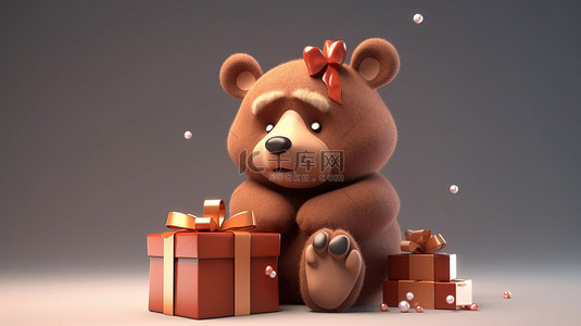可爱的棕熊在 3D 渲染中拿着礼品盒