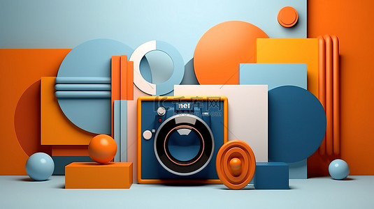 通过相机组合呈现橙色和蓝色色调的孟菲斯风格几何形状的 3D 插图