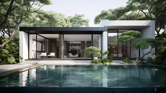 带游泳池的现代住宅，在树木繁茂的环境中进行 3D 渲染