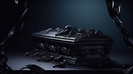 万圣节风格的装饰装饰品 3D 渲染墓地中打开的棺材