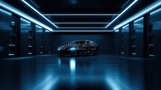 现代的空仓库背景图片_蓝色照明 3D 背景，用于在宽敞的黑暗大厅中展示汽车