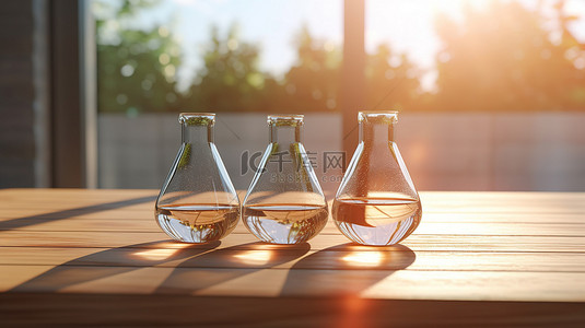 3D 渲染的烧杯组在木制实验室桌子上被阳光照亮