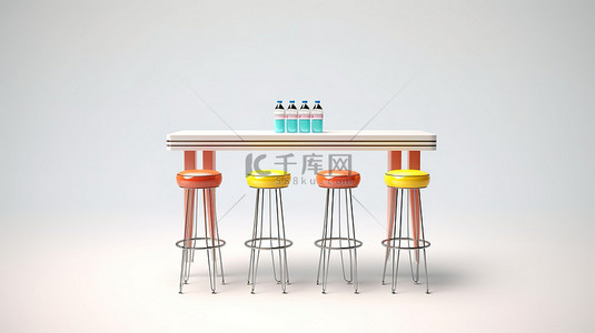 白色背景 3D 渲染下彩色酒吧中的复古凳子和桌子