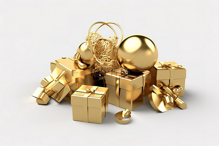 人礼物背景图片_金色礼品盒，带礼物和小玩意黄金PNG剪贴画