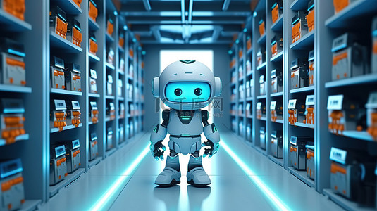 自动化背景图片_数字平板电脑携带可爱的机器人在自动化服务器机房工作 3D 渲染