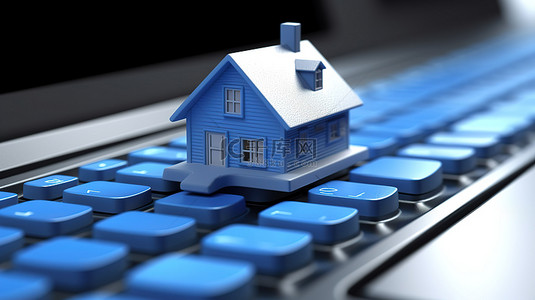 信息技术背景图片_键盘上的房子通过 3D 渲染描绘在线业务概念