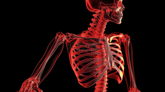 骨骼结构的 3d 渲染图像，骨骼受伤红光表示手臂疼痛