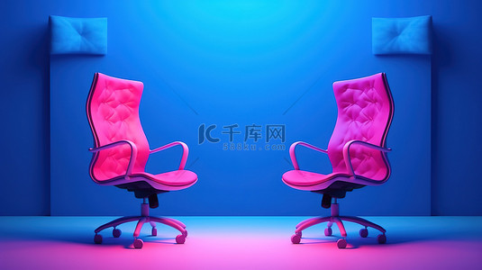 双色调风格粉色和蓝色老板椅和办公桌对抗概念粉红色和蓝色背景 3D 渲染