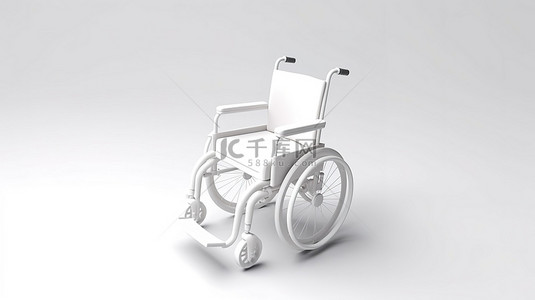 白色背景上无人的白色轮椅的粘土风格 3D 渲染