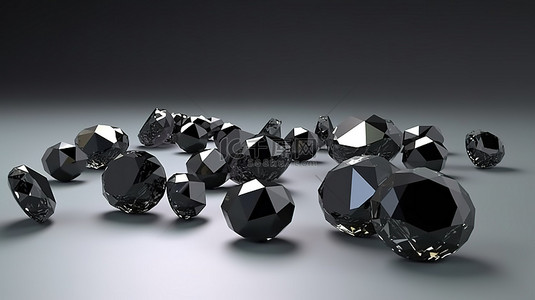 各种宝石形状的耀眼黑色钻石的 3D 渲染