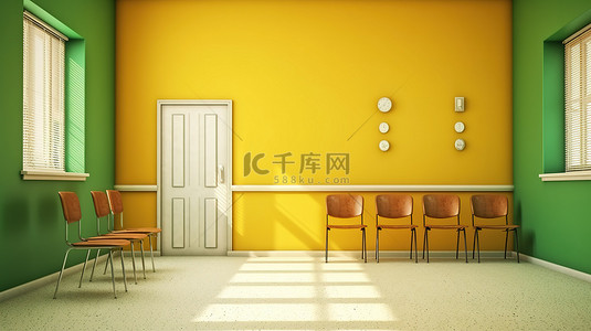 无人居住的老式教室，配有黄色墙壁黑板和绿色椅子，3D 视觉效果