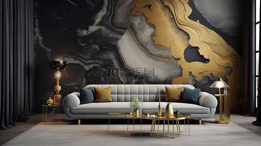 绘图花背景图片_当代斯堪的纳维亚墙壁艺术时尚黑色和金色现代装饰 3D 抽象大理石壁纸树脂晶洞绘图