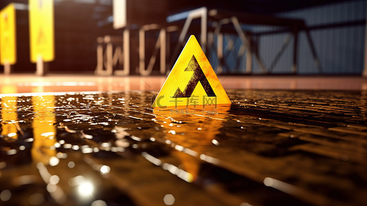 警告黄色湿地板标志在 3D 渲染中遇到加密货币危险