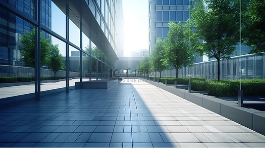 现代办公楼荒凉的走道和时尚的外观 3d 渲染