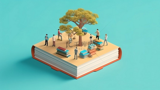 知识的力量 3D 图与蓝色背景等距现代教育设计书籍