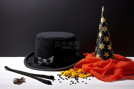 黑丝带背景图片_魔术师帽子面具魔杖和黑丝带