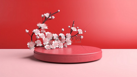 樱花几何讲台和平底锅，带有大胆的红色背景，用于 3D 产品展示