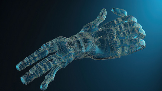 蓝色背景蓝图 3D 渲染的机器人手与比例