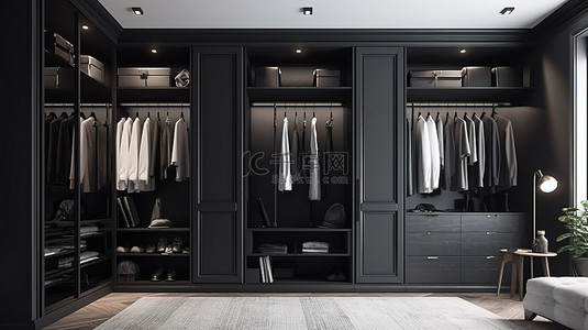 衣柜窗户背景图片_现代斯堪的纳维亚步入式衣橱采用光滑的黑木制成，衣橱靠近窗户