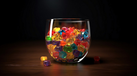 在具有 3d 效果的透明玻璃中渲染的各种糖果