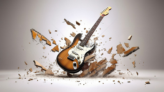 破碎的吉他半毁坏乐器的 3D 插图