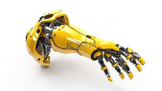 白色背景展示了 3D 渲染的机器人手握住黄色机器人手臂