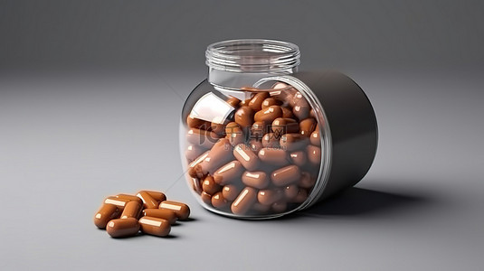 3d 呈现灰色背景上装满胶囊和药丸的孤立棕色罐子