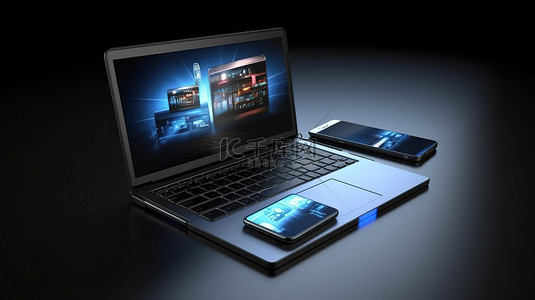 短视频界面背景图片_笔记本电脑和智能手机图标的 3d 渲染