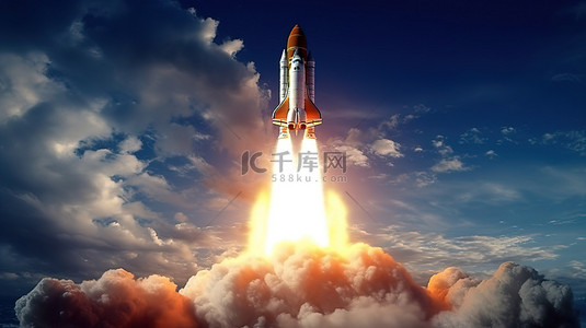 复兴腾飞背景图片_火箭的腾飞之旅 发射初创公司的 3D 插图