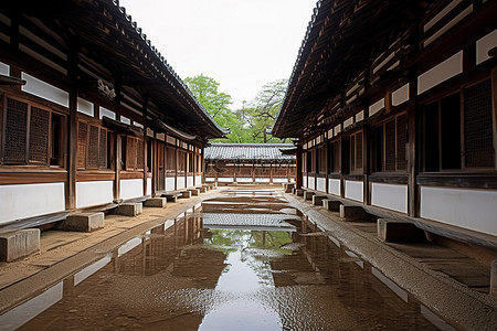 雨的背景图片_有木结构建筑和河流的走廊