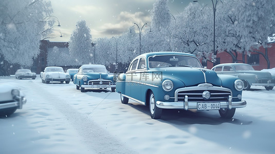 冬季仙境中永恒的蓝色汽车 3D 渲染和艺术品