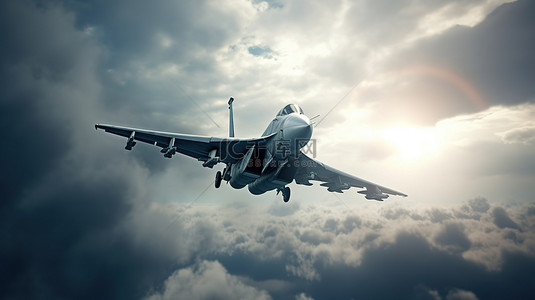 3D渲染中的战斗机在乌克兰俄罗斯战争中翱翔在多云的天空上