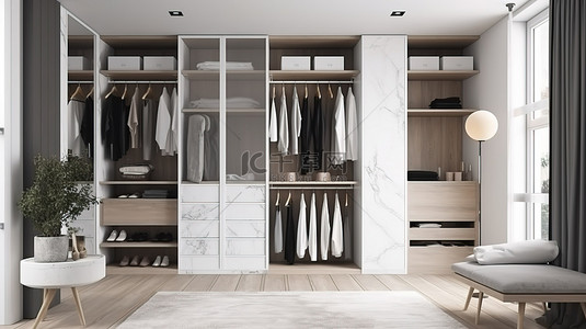 衣柜窗户背景图片_现代北欧风格步入式衣柜，带白色木制衣柜和窗户