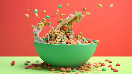 营养早餐背景图片_红色背景上充满牛奶的绿色陶瓷碗，带有飞溅的柔和谷物 3D 渲染